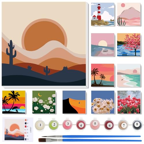 Nezyo 12 Sets Paint by Numbers Kit with Frame for Adult Beginners, DIY Acrylic Paint by Number Canvas for Painting Party, Classroom Activity Birthday Gift, 8 x 8 Inch
