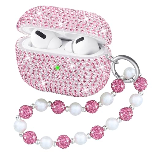 Ucharmbead Compatible with AirPods Pro 2nd Generation Case Bling Glitter Diamond Cover for AirPod Pro 2 with Sparkly Charm Lanyard for Girls Rose Pink