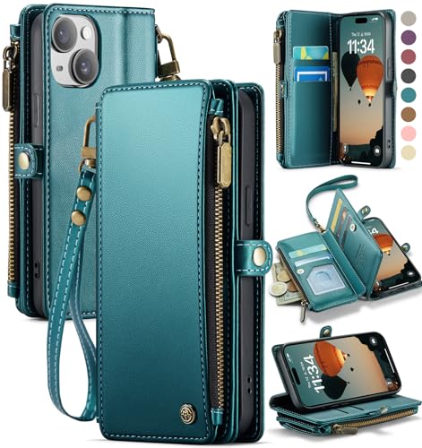Defencase Compatible with iPhone 14 Case Wallet with RFID Blocking Card Holder for Women Men, Fashion PU Leather Magnetic Snap Flip Zipper Strap Wallet Phone Case Fit for iPhone 14 6.1", Blue Green