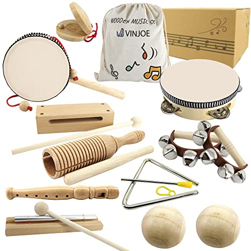 VINJOE Wooden Music Set–Kids Musical Instruments Toys, Natural Wood Percussion Instruments Toy for Kids Preschool Education Baby Musical Toys Instrument Set for Toddlers Best Gifts for Christmas