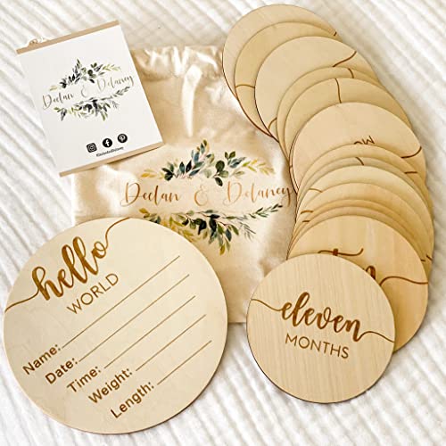 DECLAN & DELANEY Monthly Baby Milestone Cards | 16 Wooden Milestone Discs, Includes Boy/Girl Birth Announcement Sign | Baby Monthly Milestone Props Perfect for Newborn to Age 1 | Baby Shower/Gift Set