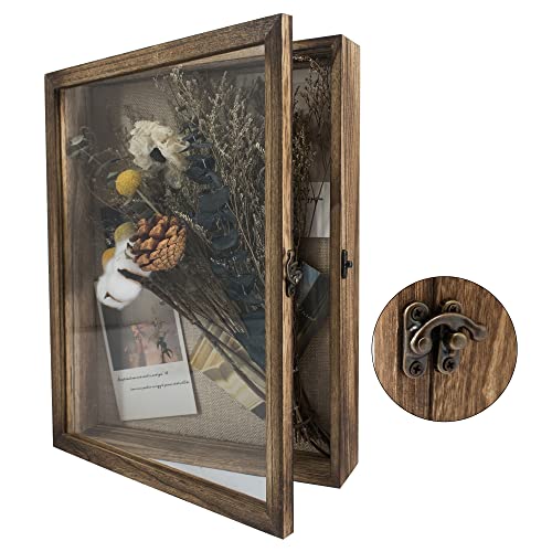 GraduatePro Shadow Box Frame 11x14 Display Case with Linen Back, Real Glass Window Door with Hinge, Picture Frame Wedding Bouquet Memorabilia Medals Photos Memory Box for Keepsakes, Carbonized Black