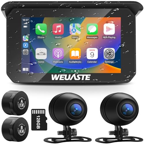 Weuaste Portable Wireless Apple Carplay for Motorcycle, 1080P Dual Motorcycle Camera (IMX307 chip), Motorbike Dash Cam, Motorbike TPMS, 5" IPS Waterproof Touch Screen, 128 GB TF Card, Support Siri