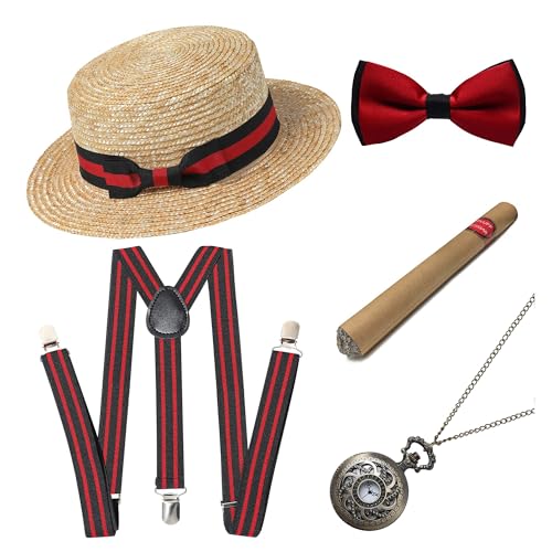 BABEYOND 1920s Mens Gatsby Gangster Costume Accessories Set 30s Manhattan Fedora Hat Suspenders