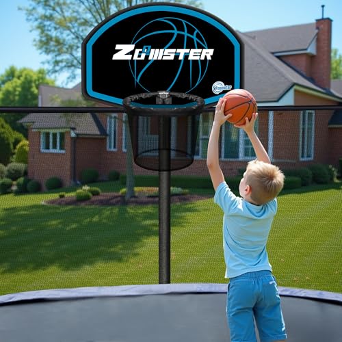 Trampoline Basketball Hoop Attachment Blue Basketball Hoop for Trampoline Fits for 25mm - 38mm Straight Pole & Curved Pole, Mini Ball, Easy to Install