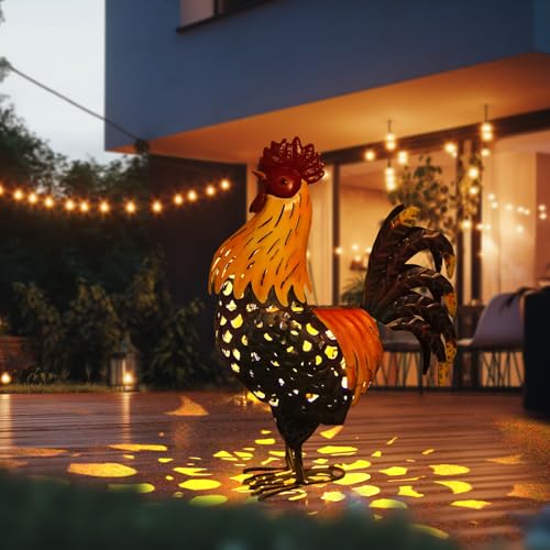 LIFFY Metal Chicken Yard Decor, 20" Rooster Outdoor Garden Solar Lights,Rooster Decorative Statues Outside with Led Light for Landscape Patio Lawn Backyard