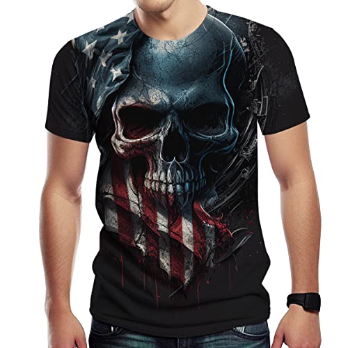 TiwBski Novelty American Flag T-Shirts for Men Skull Graphic Shirt with Short Sleeves,Black4,2XL
