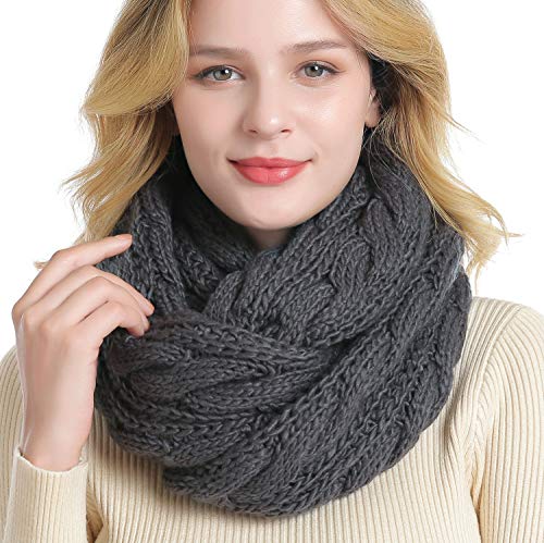 QUEENFUR Winter Women Thick Cable Knit Ribbed Infinity Circle Loop Scarf Matches with Beanies (Dark Grey)