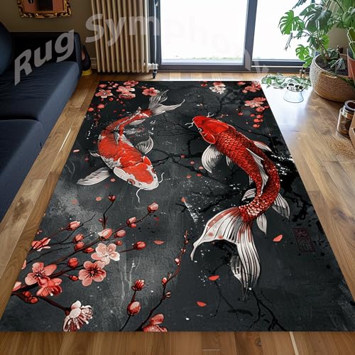 Pond Fish and Cherry Blossom Rug, Abstract Japanese Pattern Rug, Pond Fish Rug, Pond Fish Pattern Rug, Cherry Blossom Rug, Pond Fish Area Rug RS1229ID.4 6x9 ft = 180x275 cm