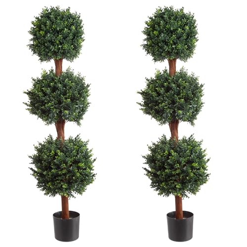 Pure Garden Set of 2 Artificial Trees - 5FT Hedyotis Topiary Fake Plants in Weighted Pots - Faux Plants for Indoor Display or Front Porch Decor