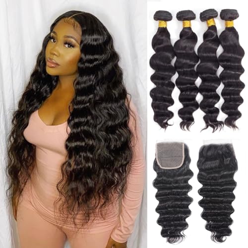 Loose Deep Wave Bundles with Closure(18 20 22 24 +16,Free Part)100% Unprocessed Virgin Remy Loose Deep Wave Human Hair Weave Bundles Human Hair Bundles for Black Women Natural Color Natural Color