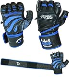 Grip Power Pads Elite Leather Gym Gloves with Built-in 2” Wide Wrist Wraps - Leather Glove Design for Weight Lifting, Power Lifting, Bodybuilding & Strength Training Workout Exercises (Blue Large)