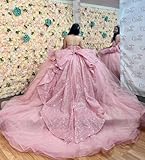 KPYURC Purple Butterfly Tulle Quinceanera Dresses with Train Puffy Beaded Squin Sweet 16 Dresses Off Shoulder Ruffled Ball Gown with Bow Long Ruffled Quince Dress Size 16 Plus