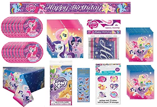 My Little Pony Birthday Party Supplies Favor Deluxe Bundle Pack Serves 16 includes 16 Plates, 16 Napkins, 1 Table Cover, 1 Banner, 16 Loot Bags, 24 Tattoos, 1 Dinosaur Sticker Sheet