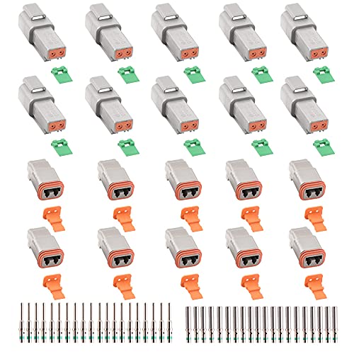 JRready ST6246 Deutsch 2 Pin Connector 10 Sets, DT04-2P DT06-2S Gray Waterproof Electrical Wire Connector with Solid Contacts 14-20AWG