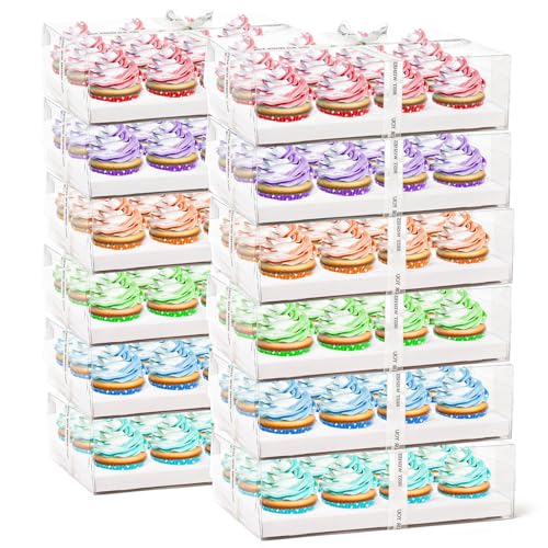 Cedilis 12 Pack Clear Cupcake Boxes, 12 Count Cupcake Containers with Gift Ribbon, Plastic Cupcake Carrier Holder for Cookies, Muffins, Bakeries
