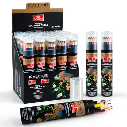 KALOUR Artists Colored Pencils Set with Built-in Sharpener – 12 Vibrant Colors in 20 Individual Tubes – Perfect for Artists, Students, and Coloring Enthusiasts