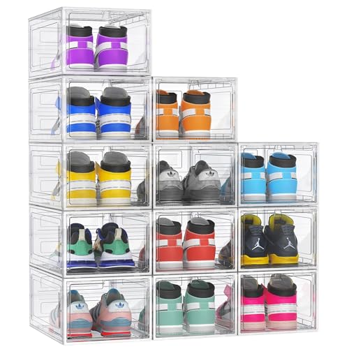 Kjfeoiye 12 Pack Hard Sturdy Thickened Rigid XX Large Shoe Storage Organizer for Closet, Clear Stackable Sneaker Shoe Boxes Rack Containers Display Case Bins with Lids, Clear