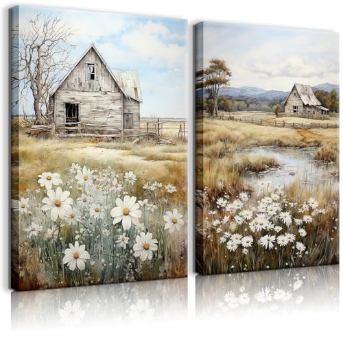 2Pcs Farmhouse Wall Art Old Barn Wall Decor Vintage Country Farm Wall Decor Retro Wildflower Meadow Poster Print Country Nature Scenery Canvas Picture Farmhouse Style Wall Art (12x16in Canvas)