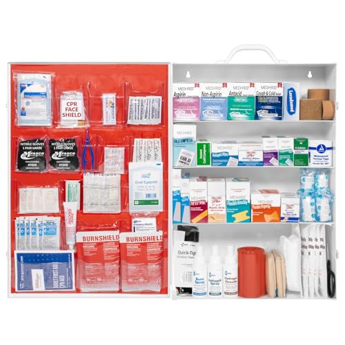 MFASCO Workplace Metal First Aid Kit - 4 Shelf Wall Mount Cabinet with Medications - Large Metal First Aid Box for Office with Supplies - Commercial Grade for Businesses - Emergency Preparedness