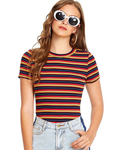 Milumia Women's Casual Multi Striped Ribbed Knit Short Sleeve Tee Knit Top Tshirt Multicolor Red Large