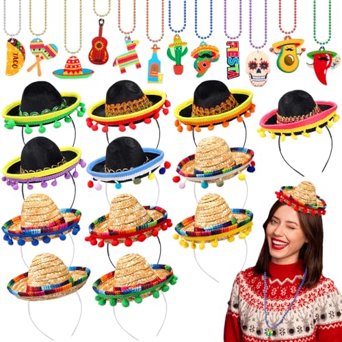 Riceshoot 24 Pcs Mexican Fiesta Party Supplies 12 Sombrero Headbands 12 Cinco de Mayo Necklaces Party Favors for Kids Teens Birthday Photo Props Decorations (Delicate)