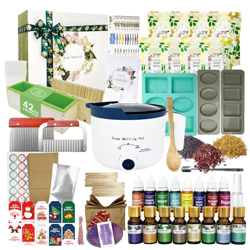 PIUH Deluxe Soap Making Kit for Soap Making,DIY Soap Making Full Set Kits Includes Soap Melter,4 lb Soap Base,8 Essencial Oils,Silicone Loaf Molds & Scraper,Cutter, 8 Dyestuffs for Adult & Kids Gift