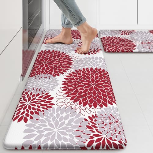 Anti Fatigue Kitchen Mats for Floor 2PCS,17"x47"+17"x29" Farmhouse Kitchen Rugs Non Slip Rubber Backing,Waterproof Cushioned Standing Mat for Office,Laundry,Sink,Desk,Red