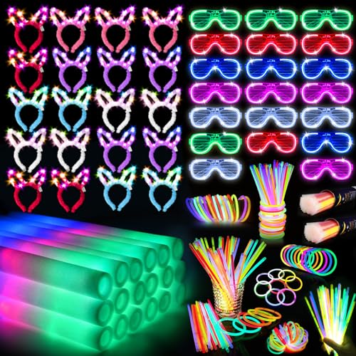 SHQDD 260 PCS Glow in the Dark Party Supplies, New Year Party Favors - 20 Foam Glow Sticks, LED Glasses, Bunny Ear Headbands and 200 Glow Sticks for Kids or Adults