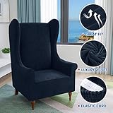 MAXIJIN Stretch Velvet Wingback Chair Slipcover 1-Piece Soft Stylish Plush Slipcovers for Wingback Chairs Thick Rich Velvet Wing Chair Cover with Elastic Bottom (Wing Chair, Navy Blue)