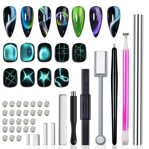 XEAOHESY 38 Pieces Cat Eye Magnet for Nails Cylindrical Strong Nail Magnet Tool Multi-Functional Nail Magnet Double Ended Magnet Wand Magnet Stick Cube Nail Magnet for Cat Eye Gel Nail Polish