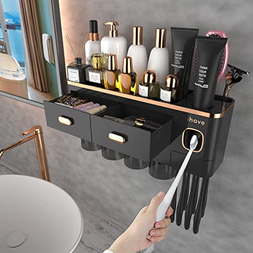 iHave Toothbrush Holders for Bathrooms - Upgrade Wall Mounted Toothbrush Holder with Toothpaste Dispenser - 4 Cups, Large Capacity Tray, 2 Cosmetic Drawer - Bathroom Organizers and Storage