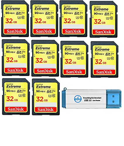 SanDisk Extreme 32 GB SD Card (10 Pack) Speed Class 10 UHS-1 U3 C10 4K 32G SDHC Memory Cards for Compatible Digital Camera, Computer, Trail Cameras