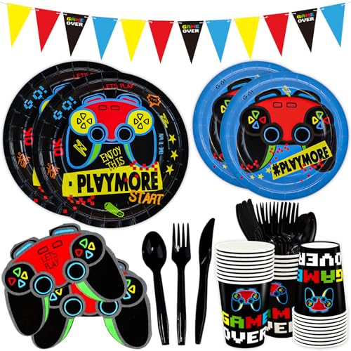 DYLIVeS Video Game Birthday Party Decorations, 180 pcs Gaming Party Supplies for Boys Child Game Party Tableware Set - Include Banner, Gamer 9" and 7" Paper Plates, Cups, Napkins, Cutlery, Serves 24