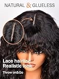 Curly Wig with Bangs Human Hair Wear and Go Glueless Wigs Curly Human Hair Wig with Bangs for Women Black Natural Curly Bang Wigs for Black Women Human Hair Loose Curly Wig for Free Party(24inch)