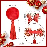 Whaline 9 Pairs Chinese New Year Hair Clip Furry Balls Hair Barrettes Baby Girls Chinese Style Hair Clips with Tassels Red Hairy Bows Butterfly Hair Pins for Girls Spring Festival Hair Accessories