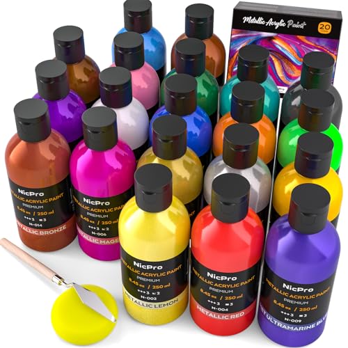 Nicpro Metallic Acrylic Paint Set (8.45 oz, 250 ml), 20 Colors Large Acrylic Paint Bulk, Non Toxic Art Painting Supplies for Multi Surface Canvas Rock Wood Leather Stone Metal Craft with Color Wheel