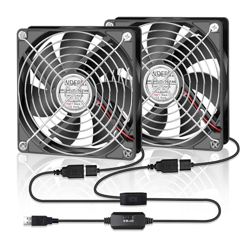 WDERAIR 120mm Computer Case 5V USB Powered Fan, Small Silent Flat Cooler with Speed Controller for Receiver/Router/Electronic Equipment（2-in-1 Pack）