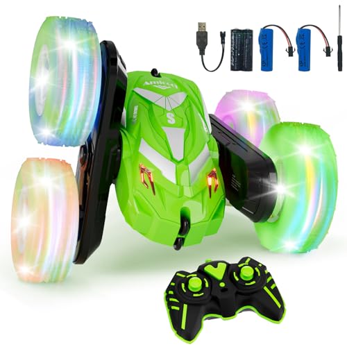 Amicool Remote Control Car for Boy 6-12 with Flashing Light, 6 7 8 9 Years Old Boy Toys, Race RC Cars Stunt Drift 4WD 2.4Ghz Double Sided 360° Flip, Boys Gift Idea for Kids Birthday Christmas, Green