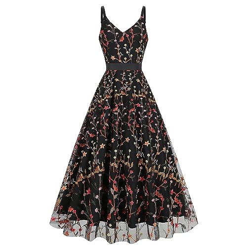 Floral Embroidered Dress for Women Long Flower Embroidery Dress Tulle Prom Dress Embroidery Mesh Floral Print Dress Vintage Spaghetti Straps Formal Evening Party Homecoming Wedding Guest Dress Black L