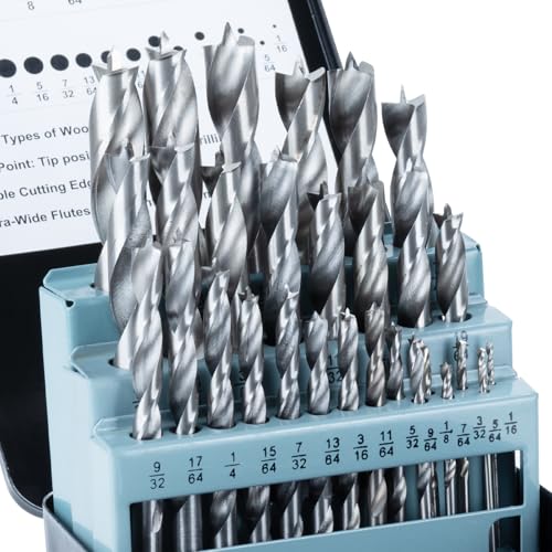 Brad Point Wood Drill Bit Set: 29Pcs HSS Drill Bit Set with Double Flutes Design for Carpenter Woodworking for Hardwood, Plywood, All Types of Wood with Index Storage Case (1/16" - 1/2")