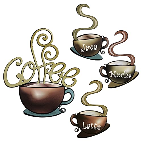 Hotop 4 Pieces Metal Coffee Cup Wall Decor Coffee Bar Decor Cafe Themed Wall Art Decoration Vintage Cup Signs for Kitchen Decorations Shop Restaurant Lounge Decorations(Brown)