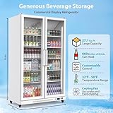 PrecisionAuto Commercial Display Beverage Fridge with 2-Glass Door 27.1 Cu.Ft Merchandiser Refrigerators with 10 Adjustable Shelves Lightbox for Home Restaurant Office Grocery Stores, White