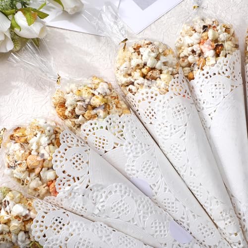 Yungyan 100 Set 15 x 7 Inch Engagement Cone Cellophane Treat Bags with Wedding Confetti Cone Triangle Bags for Popcorn Candy Goodie Flower Petals Engagement Wedding Bridal Shower Party Favor