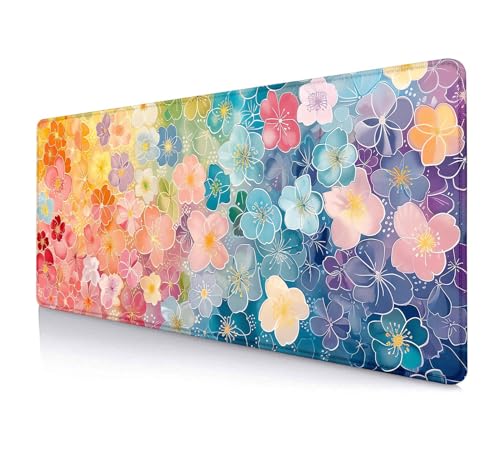 HUOCAIREN Colorful Flowers Large Mouse Pad Mat, Pink Blue Yellow and Green Pattern Desk Mat, Watercolor Beautiful Floral Computer Desk Pad for Office, Nonslip Laptop Desk Accessories, 31.5x11.8 in
