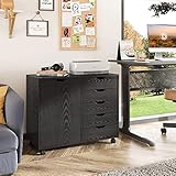 DEVAISE 5-Drawer Wood Dresser Chest with Door, Mobile Storage Cabinet, Printer Stand for Home Office, Black