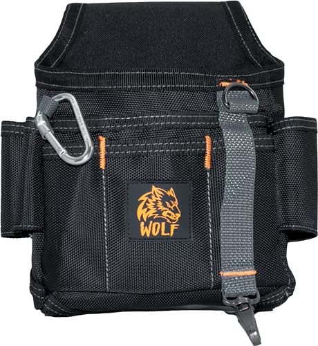 Wolf WTH2106 Small 13 Pocket Heavy-Duty Ballistic Pouch Bag | 3’’ Belt Tunnel Loop & Clip | Flashlight Tool Sleeve Key Carabiner | Durable Lightweight | Contractors Electricians Maintenance Handyman