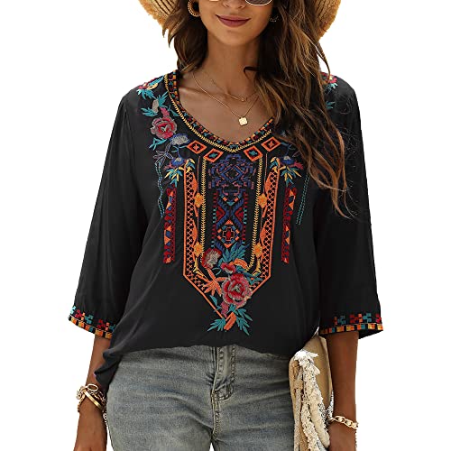 Grosy Bohemian Embroidered Tops for Women, Hippie Clothes, Mexican Peasant Blouses, Traditional Boho Clothing Tunic Shirts (X-Large, Black-4)