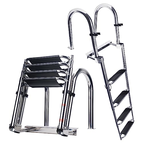 Heavy Duty Pontoon Boat Ladder - 316 Stainless Steel 4 Step Telescoping Folding Ladder for Rear Entry Inboard Ladder, Wide Steps, Strong Handrails