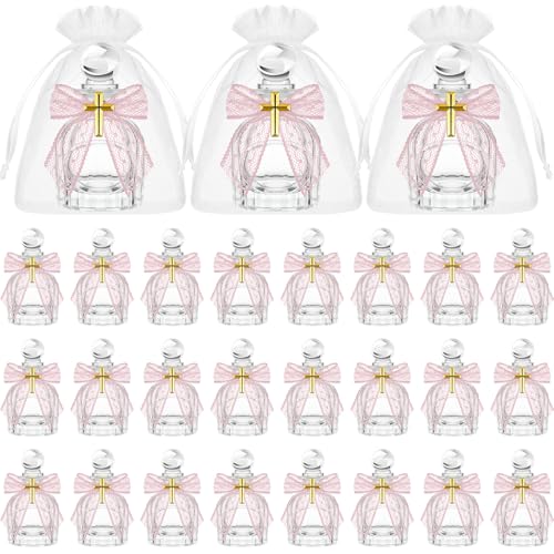 Newtay Holy Water Bottles Catholic Bulk Glass Baptism Favors for Guests Christian Water Container with Cross Organza Bags Bow for Holy Communion Gifts Church Wedding Baptism(Pink,24 Set)